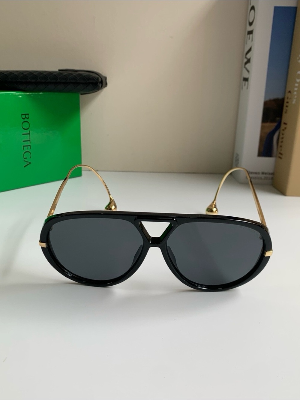Bottega Veneta Black and Gold Pilot Sunglasses